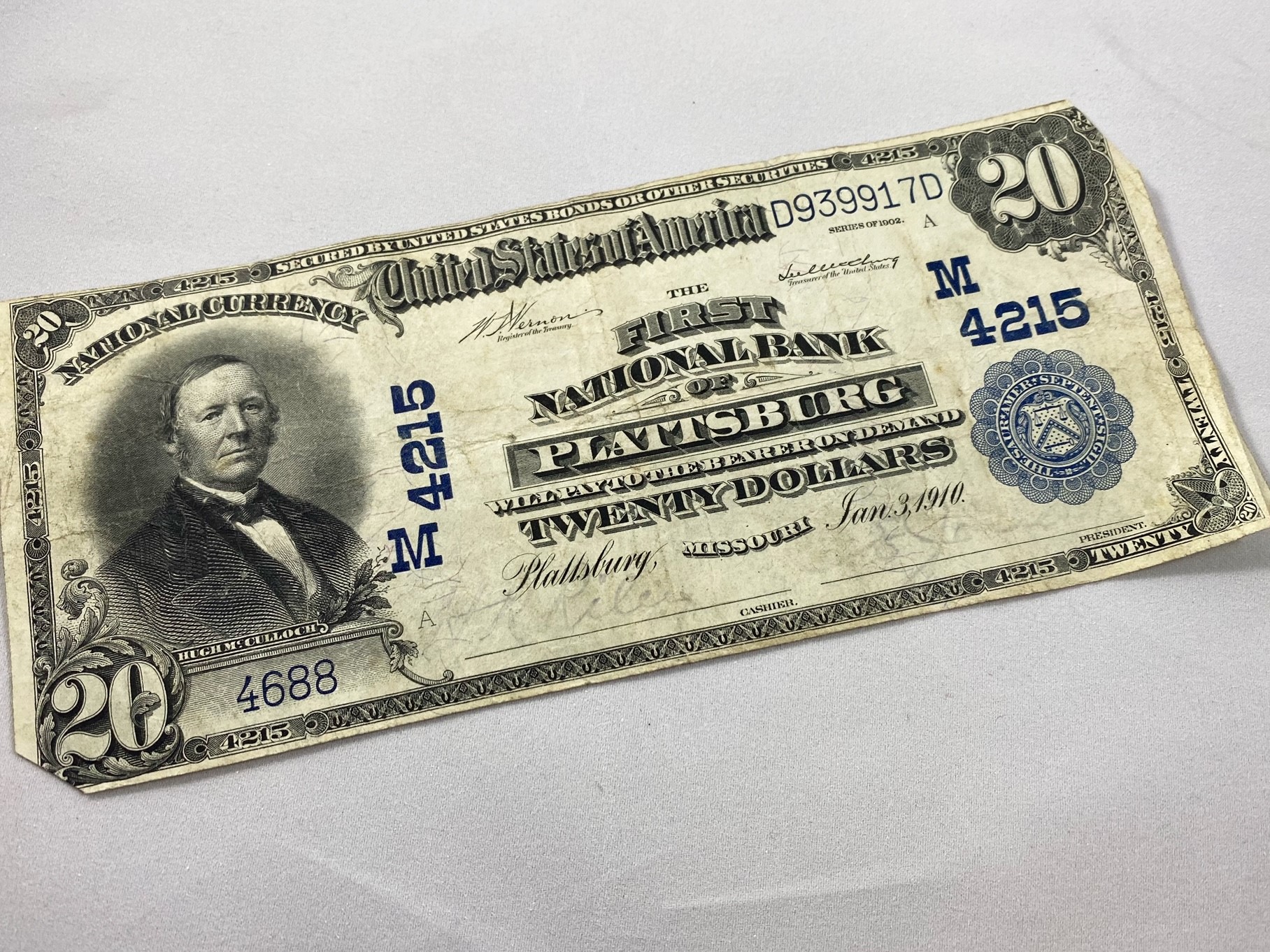 Lot 3747: $20.00 Bill National Currency The First Bank of Plattsburg Plattsburg, MO Jan. 3, 1910